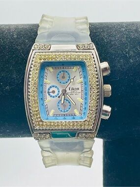 Eikon Quartz Watch with Rectangular Case with  Blue Crystal-Trim Silicone Strap